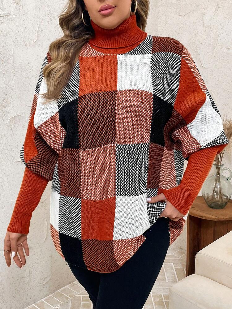 チェック柄ルーズフィットタートルネックセーター、タートルネックセーター、冬の女性ドレス、秋のカーブ服、外出用トップス、カントリートップス、ベーシックトップス、クラシック、秋のセーター