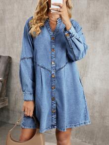 EMERY ROSE Women's V-Neck Raglan Sleeve Single-Breasted Casual Denim Dress - Blue - View 7
