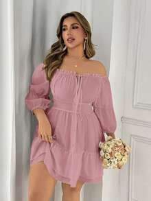 SHEIN LUNE Vestido elegante para mujer de talla grande con hombros descubiertos, tirantes con lazo y borde con volantes - Rosa - Ver 4
