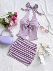 Soleia Bộ đồ 2 mảnh New Knit Texture Resort Metallic Decor Áo hai dây ngắn & Chân váy mini cạp thấp Bộ đồ 2 mảnh màu hoa oải hương Bộ đồ 2 mảnh màu tím Bộ đồ 2 mảnh màu hoa oải hương Bộ đồ mùa hè cho nữ Bộ đồ 2 mảnh có gân - Màu tím hoa cà - Xem 3