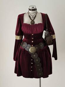 Sunspun Fashionable Square Neck Elastic Velvet Waist Dress - Burgundy - View 3