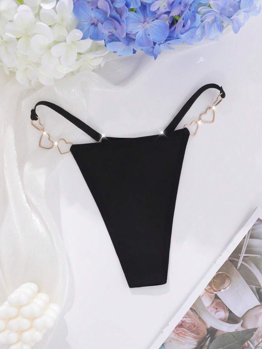 SHEIN Heart Chain Detail Sexy G-String, Rave - Black - View 1