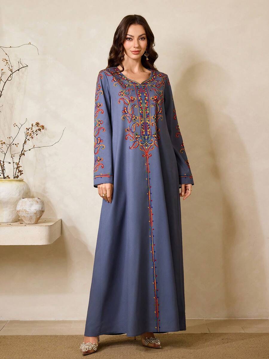 Al Najma Women's Floral Print V-Neck Long Sleeve Loose Arabic Style Dress Kaftan Jalabiya Dress - Grey - View 1