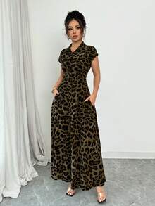 Rafferiza 女士优雅豹纹翻领短袖收腰纽扣连衣裙 - 芥末黃 - 查看 4