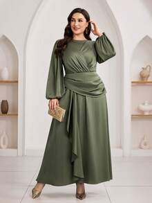 Veilorie Vestido árabe elegante e plissado de cor sólida, tamanho grande, para mulheres. - Verde escuro - Ver 5