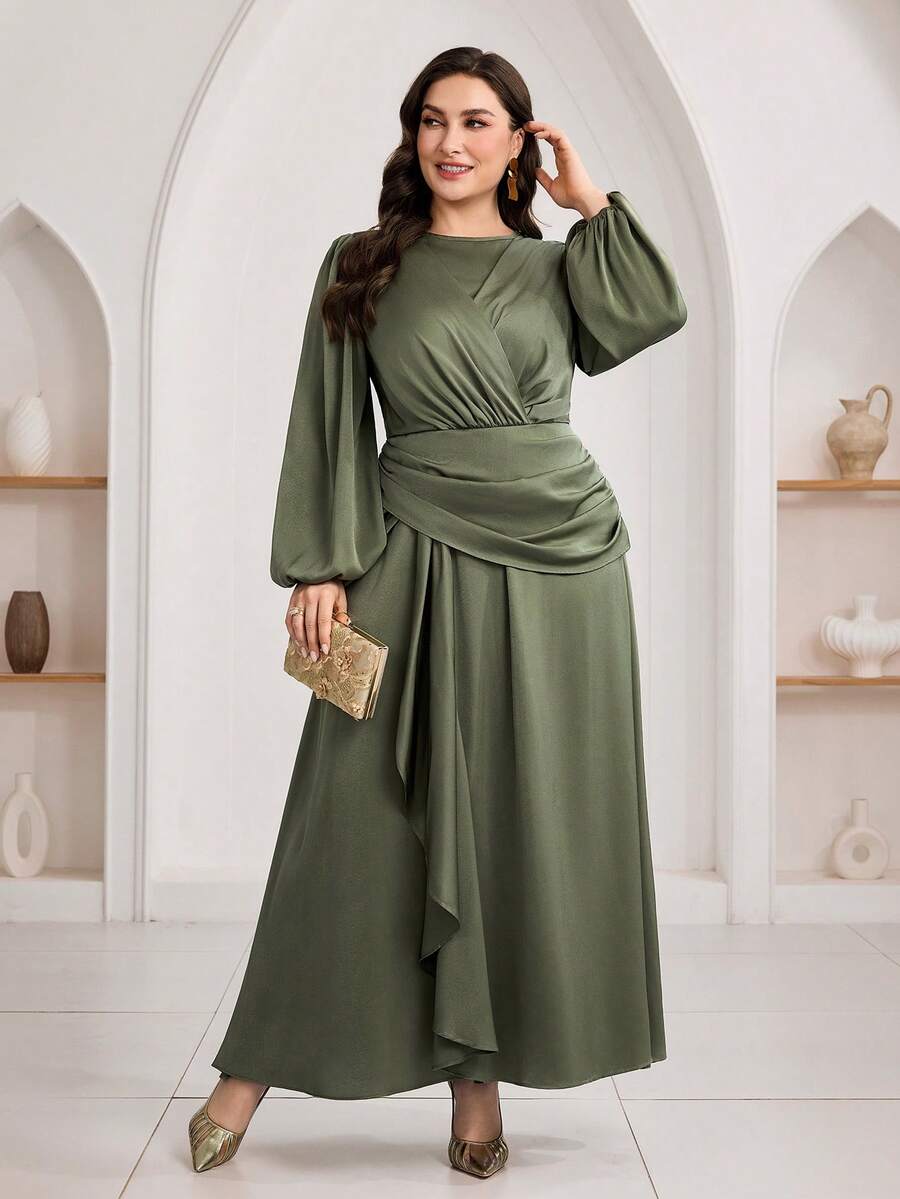 Veilorie Plus Size Women's Solid Color Round Neck Lantern Sleeve Pleated Elegant Arabic Dress Dress Modest Sage Dress Plus Size - Dark Green - View 1