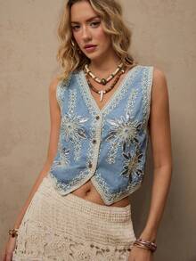 Freevana 度假休闲亮片刺绣牛仔上衣 - 霧霾藍 - 查看 6