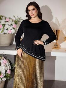 Modelyn 1 Set unregelmäßiger Perlen Dekor Design Schwarze Bluse & Goldener Rock, eleganter Damenstil, modisch & schlank, geeignet für Damen in Große Größen - Schwarz - Übersicht 6