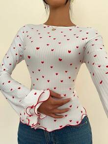 Siren Gaze 女士情人节爱心印花露背系带时尚百搭通勤荷叶袖T恤 春季情人节生日外出上衣 优雅 - 紅白色 - 查看 7