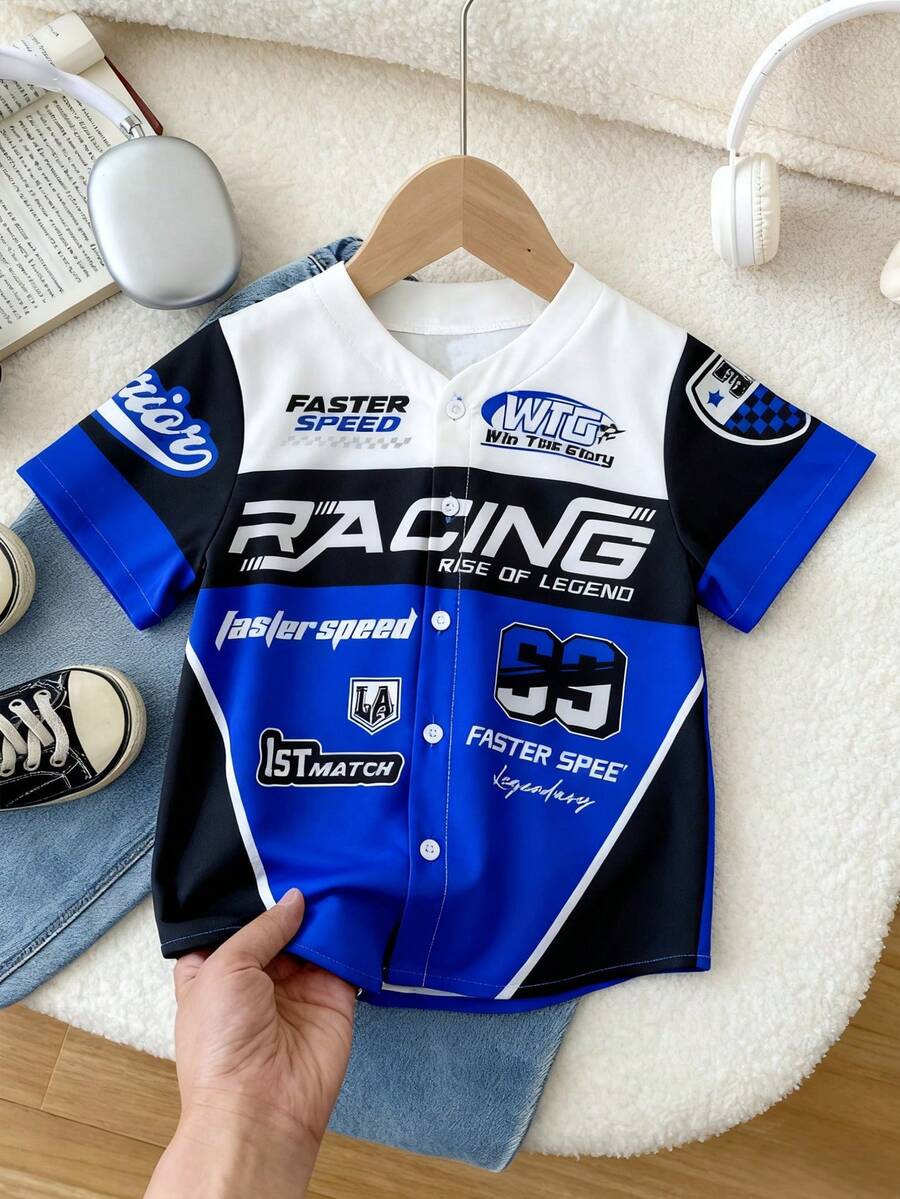 Young Boys' Casual Sports Street Letter Contrast Stripe English Print Open Front Short Sleeve Shirt, Suitable For Commuting, School, Daily Casual, Vacation, Sports, Festivals And Gatherings, Spring/Summer/Autumn/Winter - Blue - View 1