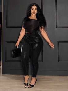 Slaydiva Quần legging bó cạp cao màu đen cỡ lớn dành cho nữ - màu đen - Xem 6