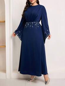 Veilorie Robe élégante plissée avec décoration de strass et manches évasées pour femmes grandes tailles