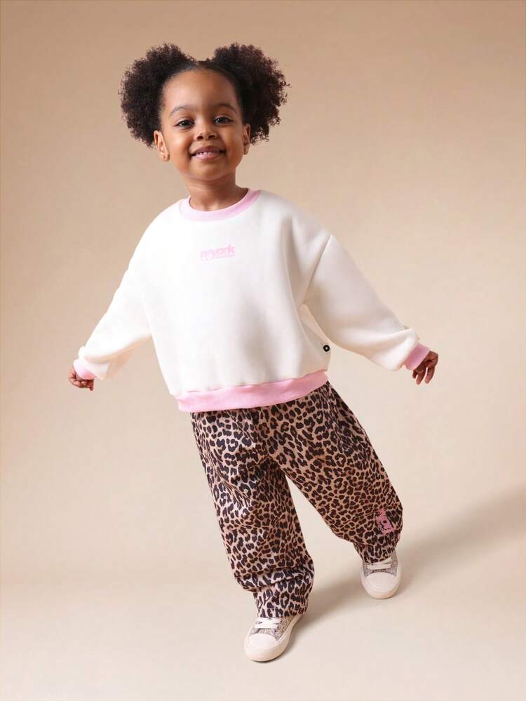Color Block Sweatshirt With Leopard Joggers Set