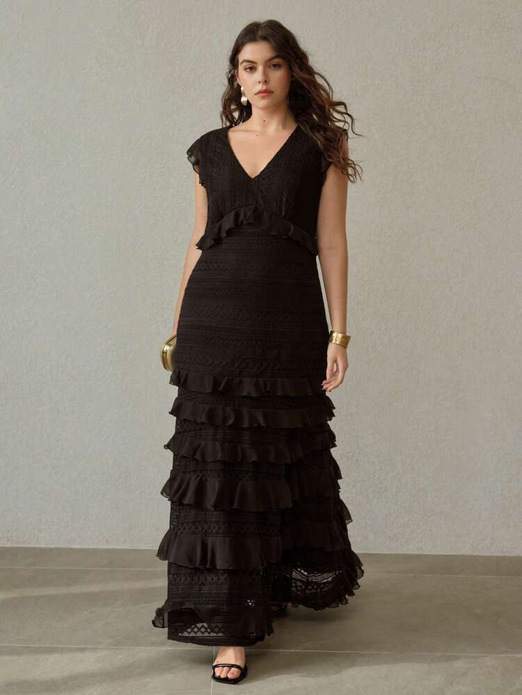 VESTIDO DE FIESTA/CÓCTEL CON VOLANTES SIN MANGAS PARA MUJER TALLA GRANDE, PRIMAVERA/VERANO