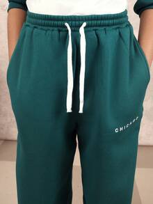 SUMWON Teal Chicago Text Pullover Hoodie And Matching Sweatpants Co-Ord Set With Centre Pocket Elastic Waist Casual Comfort Wear Outfit Vacation - Green - View 8