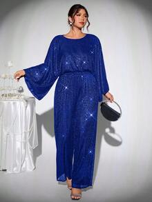 Firerie Bộ đồ liền thân ống rộng tay cánh dơi đính sequin màu trơn cỡ lớn dành cho nữ - Màu xanh lam - Xem 1