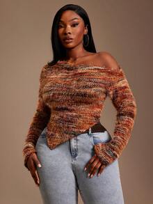 Radiana 大码女装秋冬春夏条纹不对称下摆长袖修身时尚T恤，毛绒材质，适合休闲、日常穿着，百搭，街头风，Coachella音乐节、西部风、音乐节、复古风、极简风、演唱会、嘉年华派对、度假、外出、假期、假日、约会、聚会、生日、单身派对、休闲、锐舞派对、简约风、时尚风、俱乐部风、可爱风、休闲风、购物、街头风、外出、Y2K风，易于搭配，显瘦，凸显身材，修饰身形 - 彩色 - 查看 3