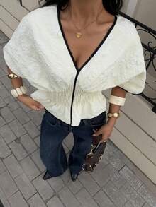 Siren Gaze Women's Solid Color Deep V-Neck Ruched Waist Ruffle Hem Blouse, Elegant Fitted Shirt With Contrast Trim - Apricot - View 3