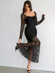 SHEIN Tall 女士夏季优雅浪漫时尚通勤性感优雅黑色蕾丝长款修身连衣裙，适合妇女节、女士派对、海滩度假、返校季、毕业季、浪漫约会、生日、复活节、巴西狂欢节、音乐节、春夏、婚礼季、早午餐、波西米亚风、仙女风等场合。 - 黑色 - 查看 6