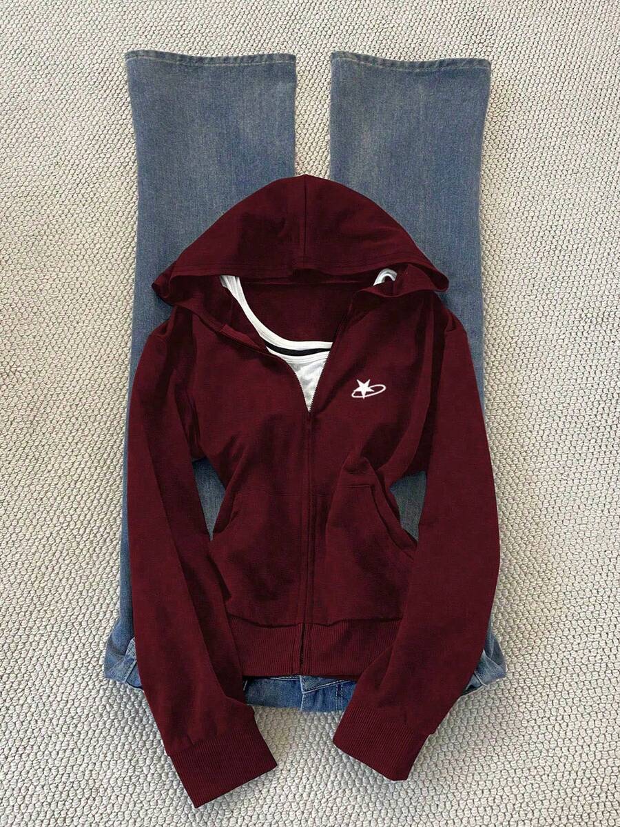 Glimmora Embroidered Hooded Fitted Sweatshirt For Women - Burgundy - View 1