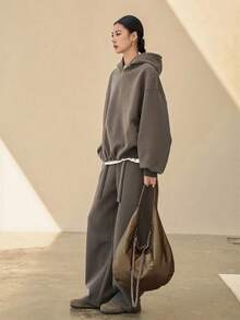 Dazy-Less 2pcs Women Solid Color Hoodie Top And Pants Set Lounge Sets For Women - Coffee Brown - View 3