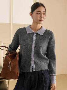 Dazy-Less 女士休闲宽松撞色长袖开衫毛衣，时尚百搭，适合秋冬季商务休闲场合。 - 灰色 - 查看 6