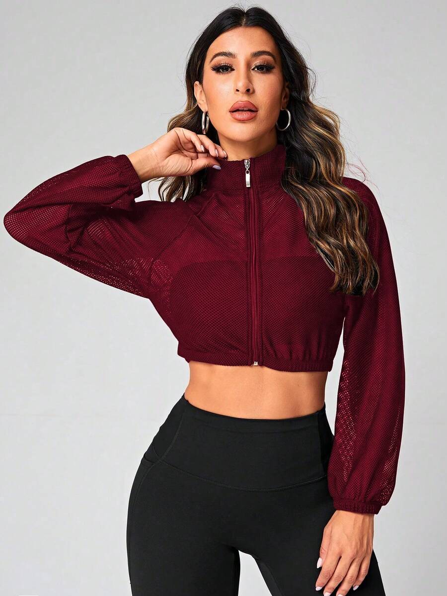 SHEIN Sports 女士立领拉链短款长袖休闲日常多功能户外运动夹克 - 酒紅色 - 查看 1