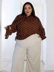 Pretty and Ole Plus Size Coffee Brown Polka Dot Chiffon Blouse, Autumn/Winter Brown Blouses Curvy Blouses Plus Size Western Outfits 70s Outfit Plus Size Chocolate Brown Top - Coffee Brown - View 5