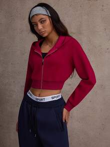 With My Calm Wine Red Hooded Zipper Front Long Sleeve Sports Jacket - Burgundy - View 4