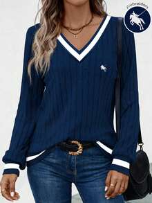 EMERY ROSE Women's Fashion Casual Elegant Embroidered Ribbed T-Shirt - Navy Blue - View 1