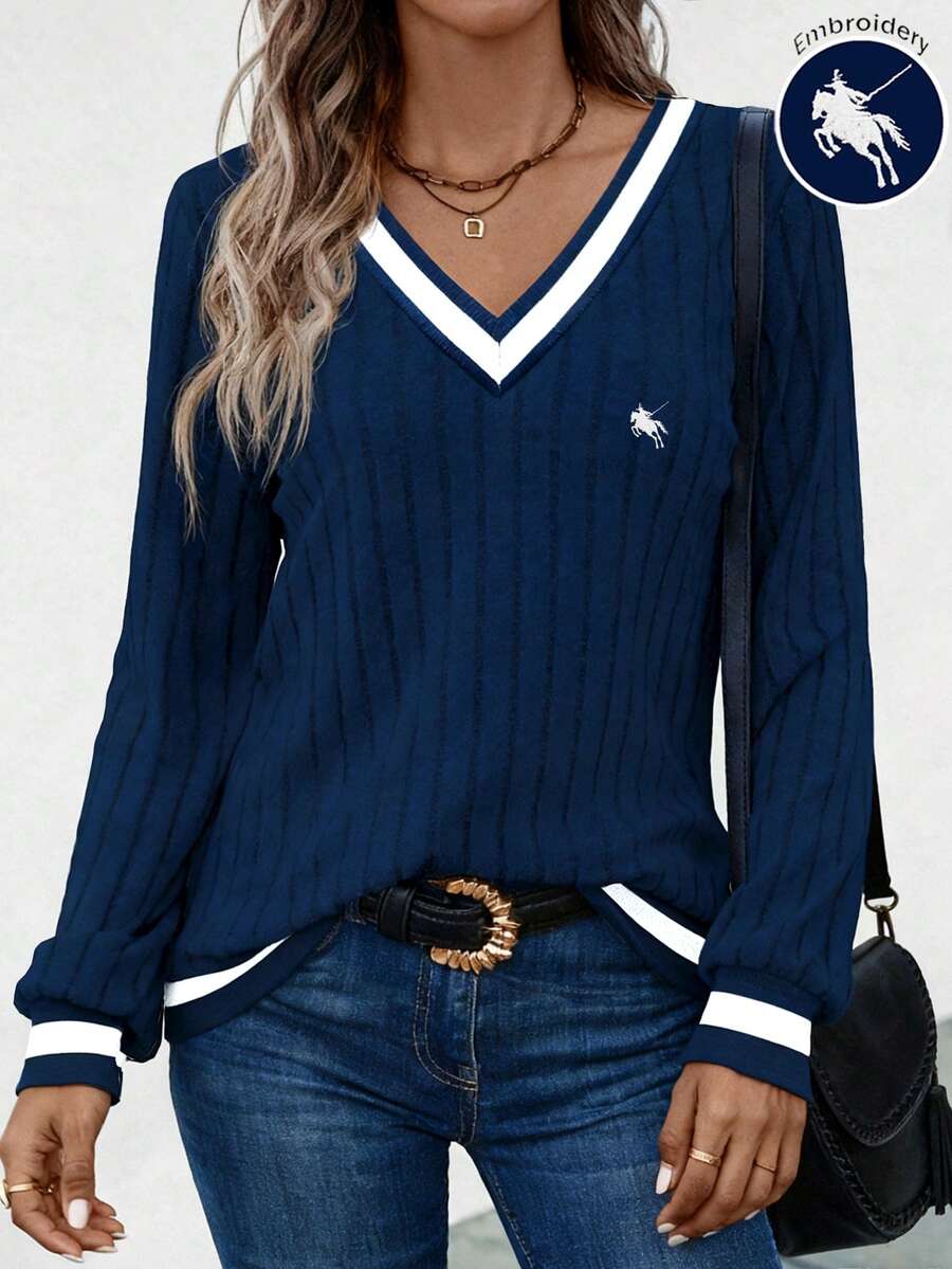 EMERY ROSE Women's Fashion Casual Elegant Embroidered Ribbed T-Shirt - Navy Blue - View 1