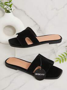 SHUZIA 女士宽版平底凉鞋，露趾，时尚，沙滩，防滑，一脚蹬，时尚平底凉鞋 - 黑色 - 查看 2