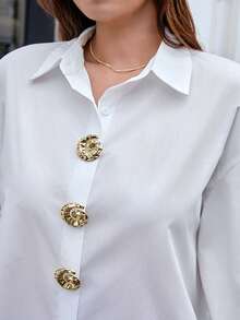 SHEIN EZwear Plus Size Women's Metal Button White Shirt,Elegant Office Versatile Autumn Top For Work,Dates,Party,Wedding,Casual ,Christmas & New Year - White - View 6