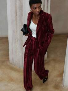 Aveloria Modichic 2pcs Set: Fashionable Versatile Velvet Padded Shoulder Blazer Jacket And Casual Pants For Women - Redwood - View 3