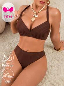 Swim DD+ Women's Coffee Color Ribbed Underwire Padded Bikini Set With Wide Strap, Slimming Design, Fashion Beach Vacation Swimsuit - Coffee Brown - View 5