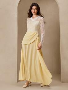 Graceveil V-Neck Lace Patchwork Waist Pleated Long Sleeve Flared Dress For Women - Yellow - View 3