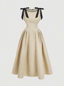 SHEIN MOD 加大码圆领无袖撞色饰边蝴蝶结腰部喇叭下摆卡其色休闲连衣裙 - 杏色 - 查看 1