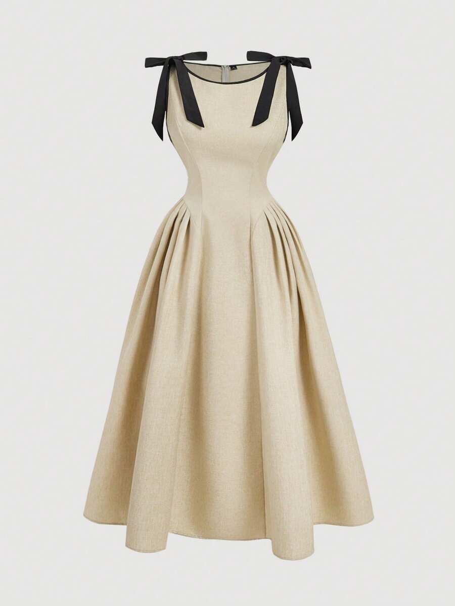 SHEIN MOD 加大码圆领无袖撞色饰边蝴蝶结腰部喇叭下摆卡其色休闲连衣裙 - 杏色 - 查看 1