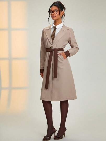 EURMUSE Women Block Color Belted And Pocket Detailed Long Trenchcoats