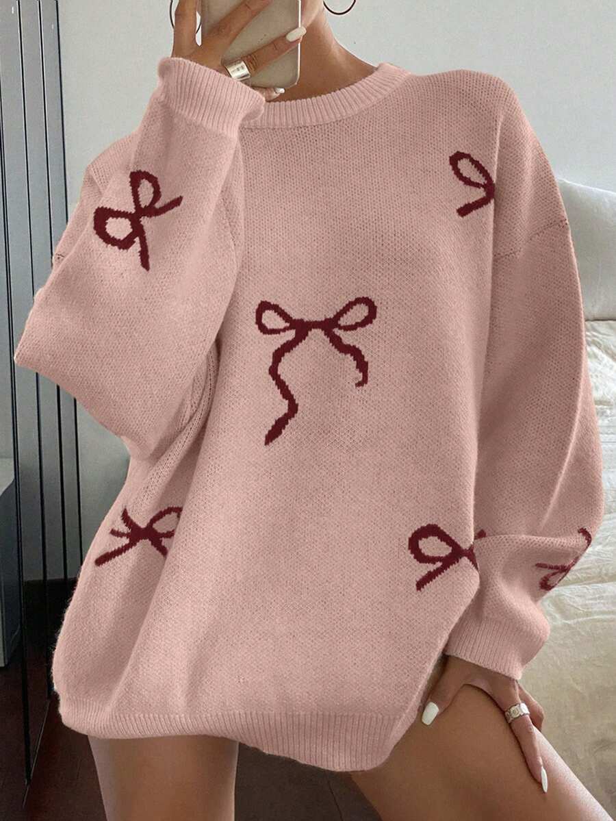 DAZY Suéter holgado de punto con cuello redondo y lazo, para mujer, de otoño/invierno - Rosa - Ver 1