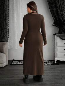 Whyspr Vestido de manga larga con cuello en V profundo y lazo para mujer de talla grande, otoño/invierno - Marrón - Ver 2