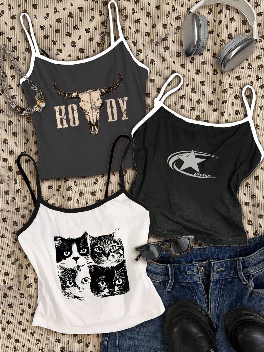 Attitoon 3件套可爱猫咪印花、音乐节明星、西部牛仔牛头字母图案休闲纯色吊带背心，黑/白/灰/咖啡色可选，修身圆领女式上衣，适合夏季穿着 - 彩色 - 查看 1