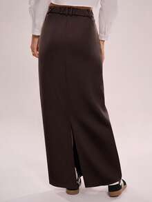 斜纹微弹力半身裙，带侧袋 - 咖啡棕 - 查看 6