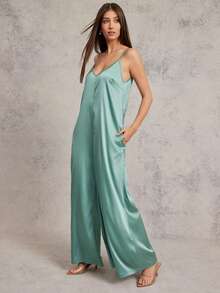 L'Amorae Bộ đồ liền thân không tay bằng vải satin ống rộng bồng bềnh - Màu xanh Bạc hà - Xem 2