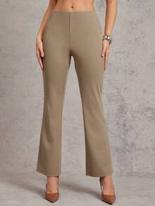 L'Amorae 女式纯色优雅时尚喇叭裤 - 棕色 - 查看 4