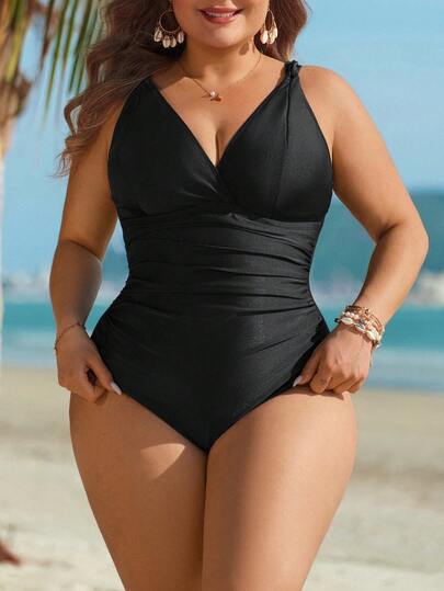 Swim Lushoire 2026 New Plus Size Women's Summer Beach Vacation One Piece Swimsuit One-Piece Swimsuit, Slimming Black Elegant One-Piece Swimsuit, Ruched Waist Twisted Strap Design