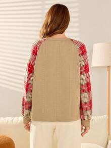 Momelise Plus Size Jacquard Plaid Patchwork Crew Neck Pullover Loose Casual Sweatshirt For Women - Khaki - View 2
