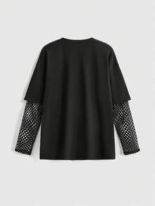 ROMWE Goth 哥特学院风猫咪印花网眼拼接宽松T恤，女款，返校季 - 黑色 - 查看 2