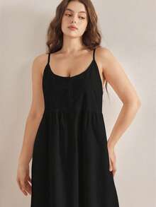 Ocili Camisón de algodón con bordado abierto por delante, cómodo y elegante para otoño, talla grande para mujer - Negro - Ver 7