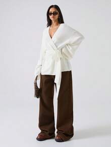 LYSMO 2025 New Minimalist Women's Solid Color Drop Shoulder Long Sleeve Casual Tie Front Knit Cardigan, Autumn/Winter/Christmas /New Year/Thanksgiving / Party/Stylish - Beige - View 4